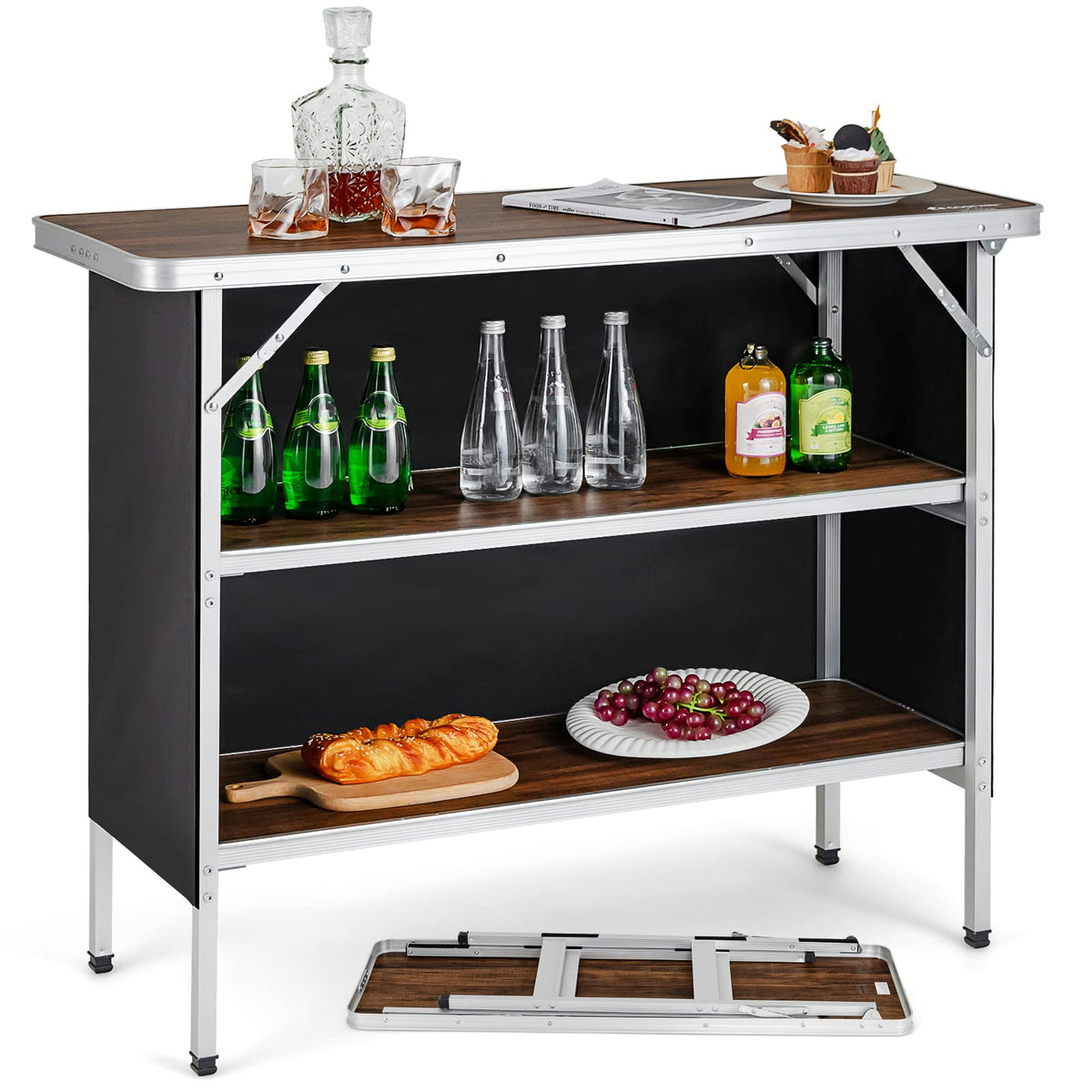Folding Camping Table With 2-Tier Storage Shelves, Aluminum, 43.5 x 15 x 34.5 in