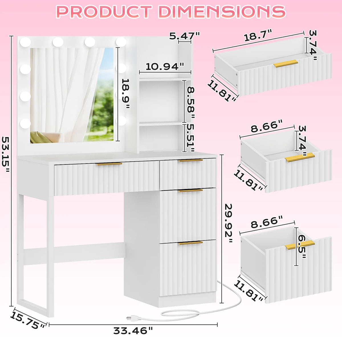 Ktaxon Vanity Makeup Table With Stool, 3-Color Lighted Mirror, 3 Shelves, Drawers, White - 35.43 x 15.55 x 29.53-53.27 in