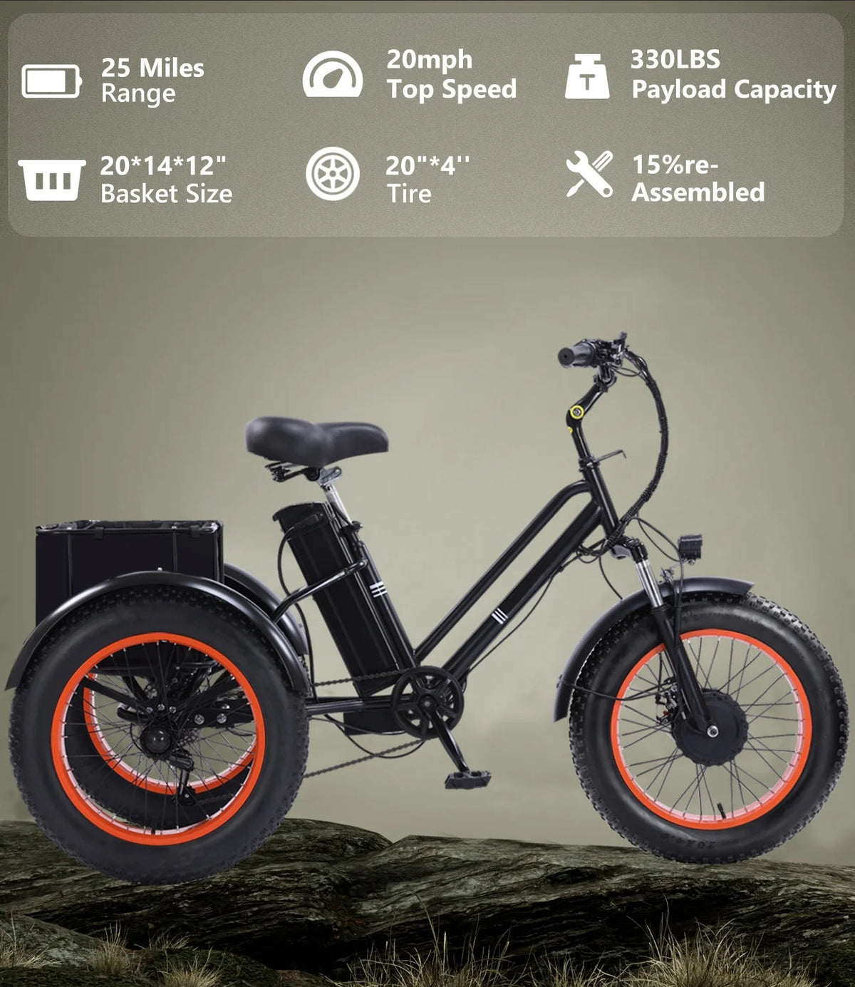 YEBEI Folding Electric Tricycle for Adults, 500W Motor, 48V15AH Lithium Battery, 20 x 4.0 in Fat Tires