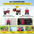 Red Collapsible Wagon Cart With Canopy, 220.5 lbs Capacity, 39 x 21.4 x 39 inches
