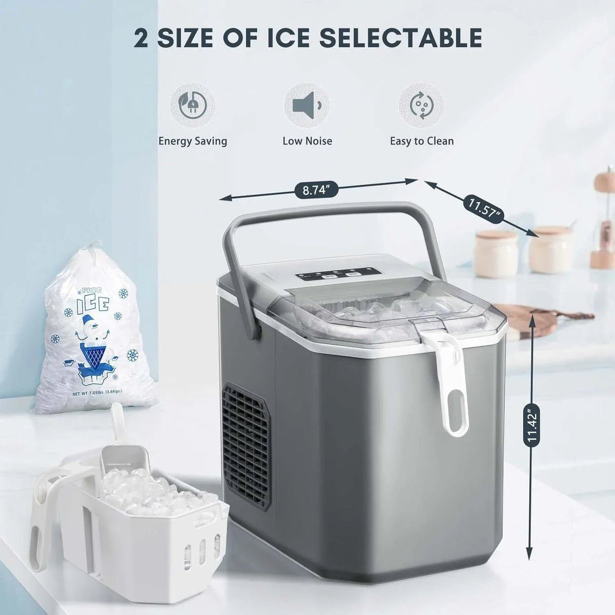 Countertop Ice Maker With Carry Handle, 26 lbs/24 Hrs, 2 Bullet Ice Sizes - Grey