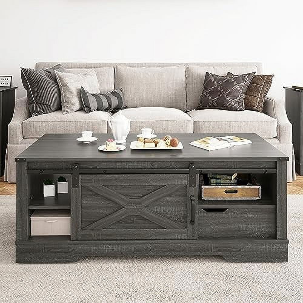 AYFDEGT Farmhouse Coffee Table 48 x 22 inch With Sliding Barn Door And Open Shelves