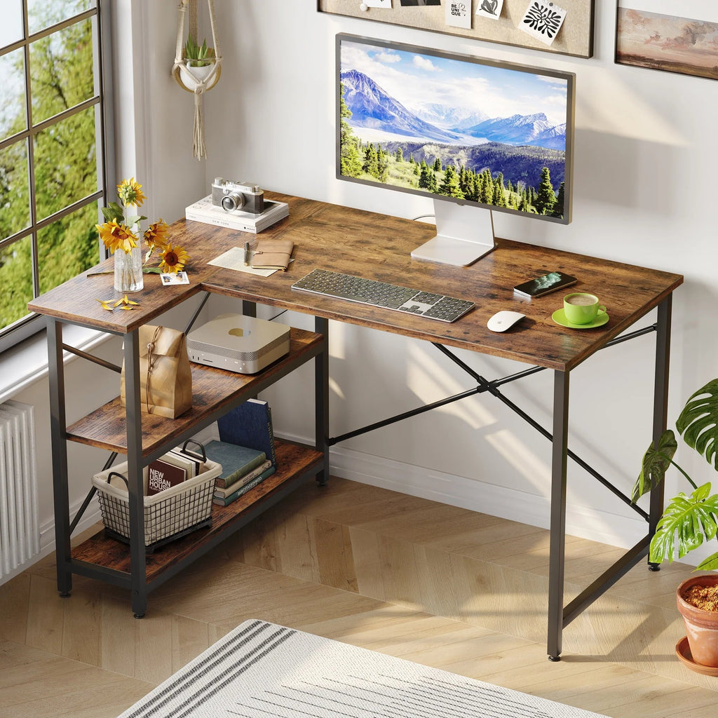 Small L-Shaped Computer Desk With Reversible Storage Shelves - 55-Inch / 47-Inch
