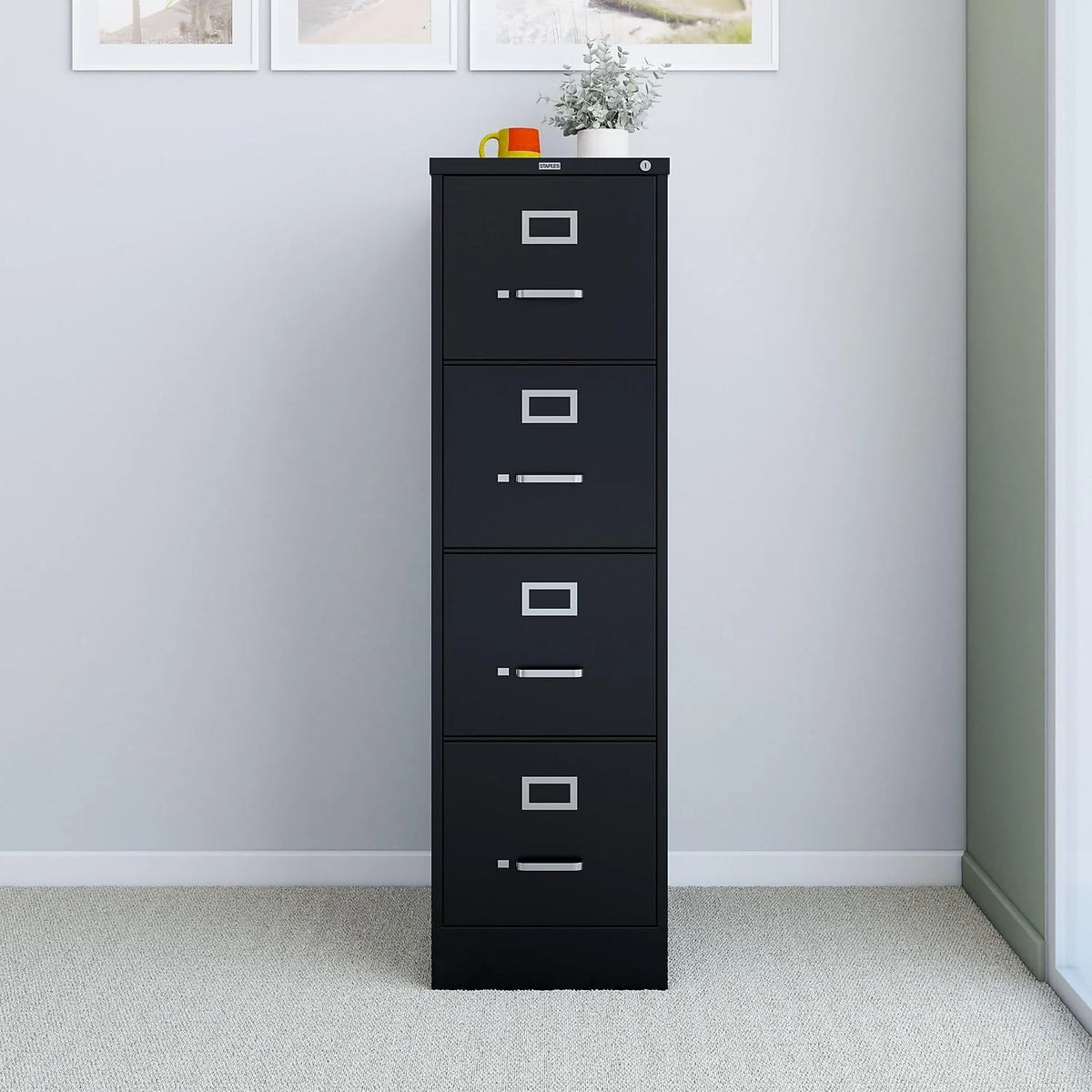 STAPLES 4-Drawer Lockable File Cabinet, Black, 25 in D x 15 in W