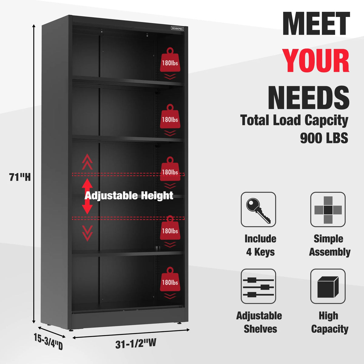 WORKPRO Metal Storage Cabinet With Locking Doors, Adjustable Shelves, Black, 71 Inches Tall - 31-1/2 x 15-3/4 Inch