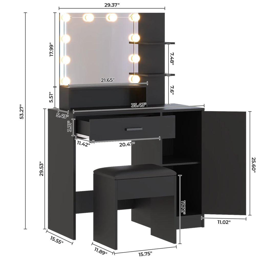 Ktaxon Vanity Makeup Table With Stool, 3-Color Lighted Mirror, 3 Shelves, Drawers, White - 35.43 x 15.55 x 29.53-53.27 in