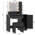 Ktaxon Vanity Makeup Table With Stool, 3-Color Lighted Mirror, 3 Shelves, Drawers, White - 35.43 x 15.55 x 29.53-53.27 in