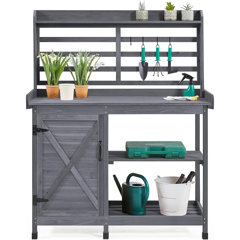 Yaheetech Large Outdoor Wooden Potting Bench With Storage Cabinet - Gray
