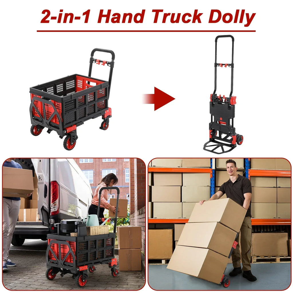 LAZY BUDDY 2-in-1 Folding Hand Truck Dolly With 22 Inch Folding Basket, Red, 330 LBS