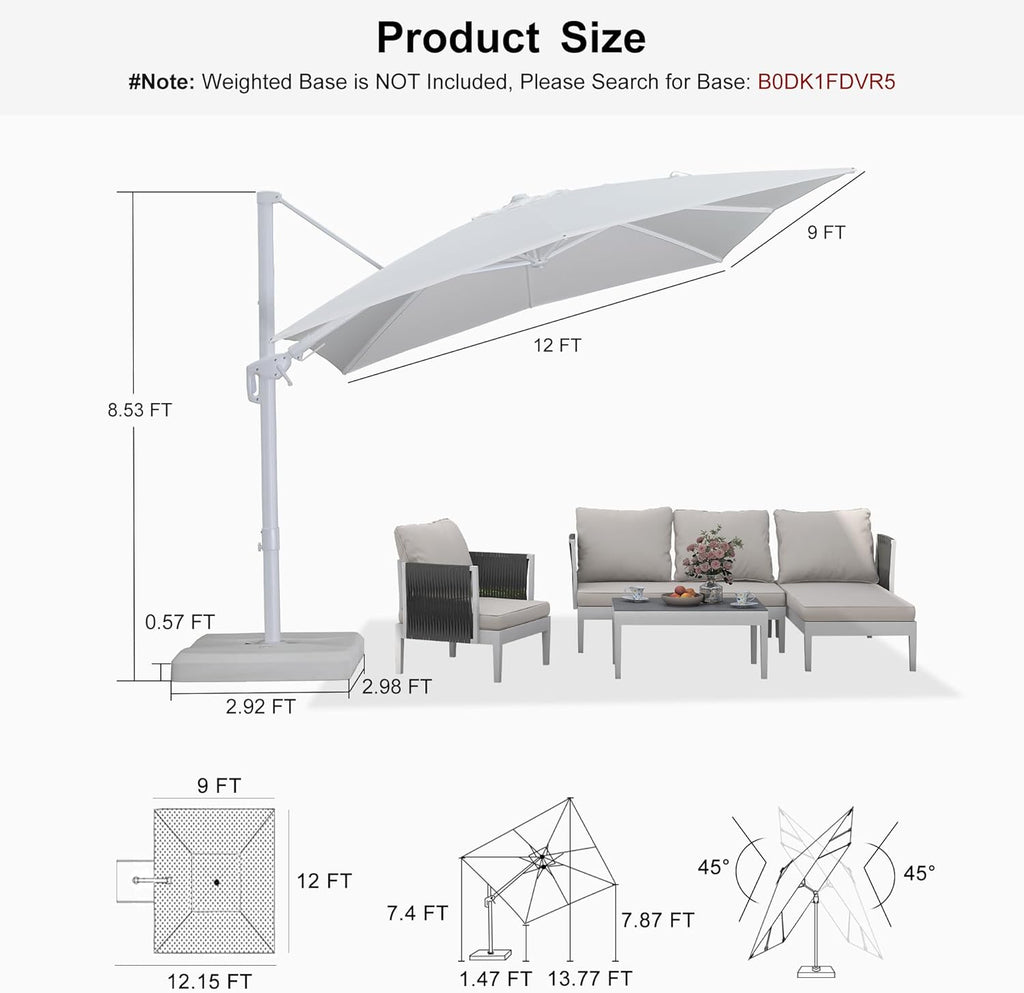 PURPLE LEAF 9' x 12' White Right-Left Tilt Aluminum Cantilever Patio Umbrella