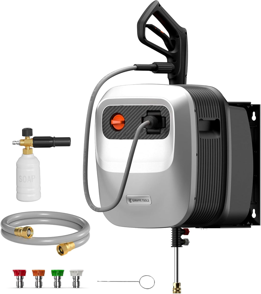 Giraffe Tools Grandfalls Retractable Pressure Washer G20 2500 PSI 2.2 GPM, 65FT Hose Reel, 4 Nozzles - Light Silver Case With Grey Pressure Hoses