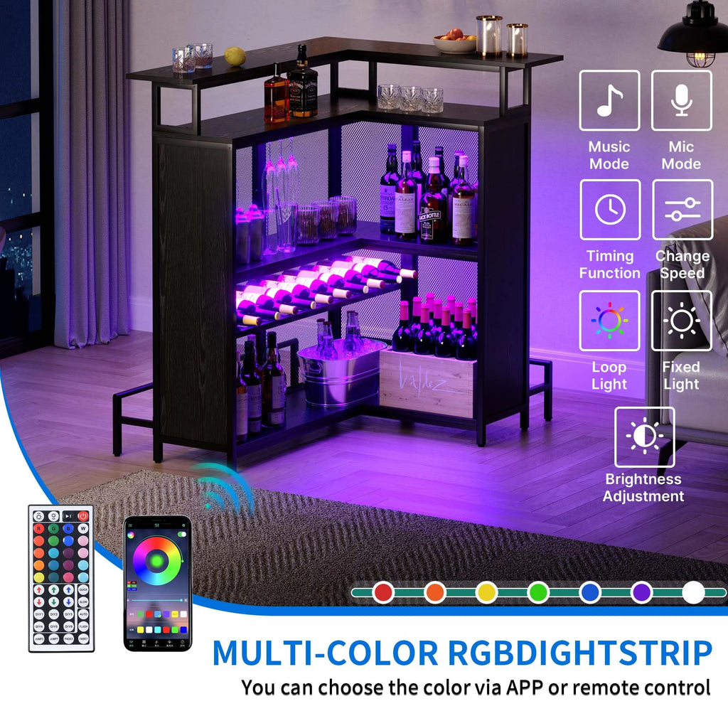 Dextrus 5 Tier Home Bar Unit With 43in Wine Cabinet, LED Lights, Wine Rack And Footrest - Black