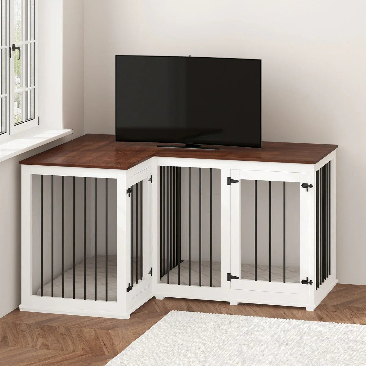L Shape Corner Dog Crate Furniture For 2 Dogs, 58.7X41.1