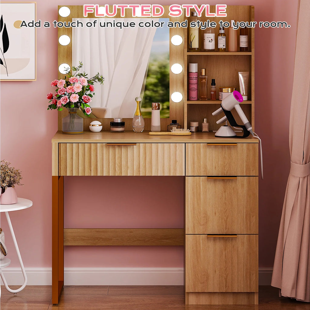 Ktaxon Vanity Makeup Table With Stool, 3-Color Lighted Mirror, 3 Shelves, Drawers, White - 35.43 x 15.55 x 29.53-53.27 in