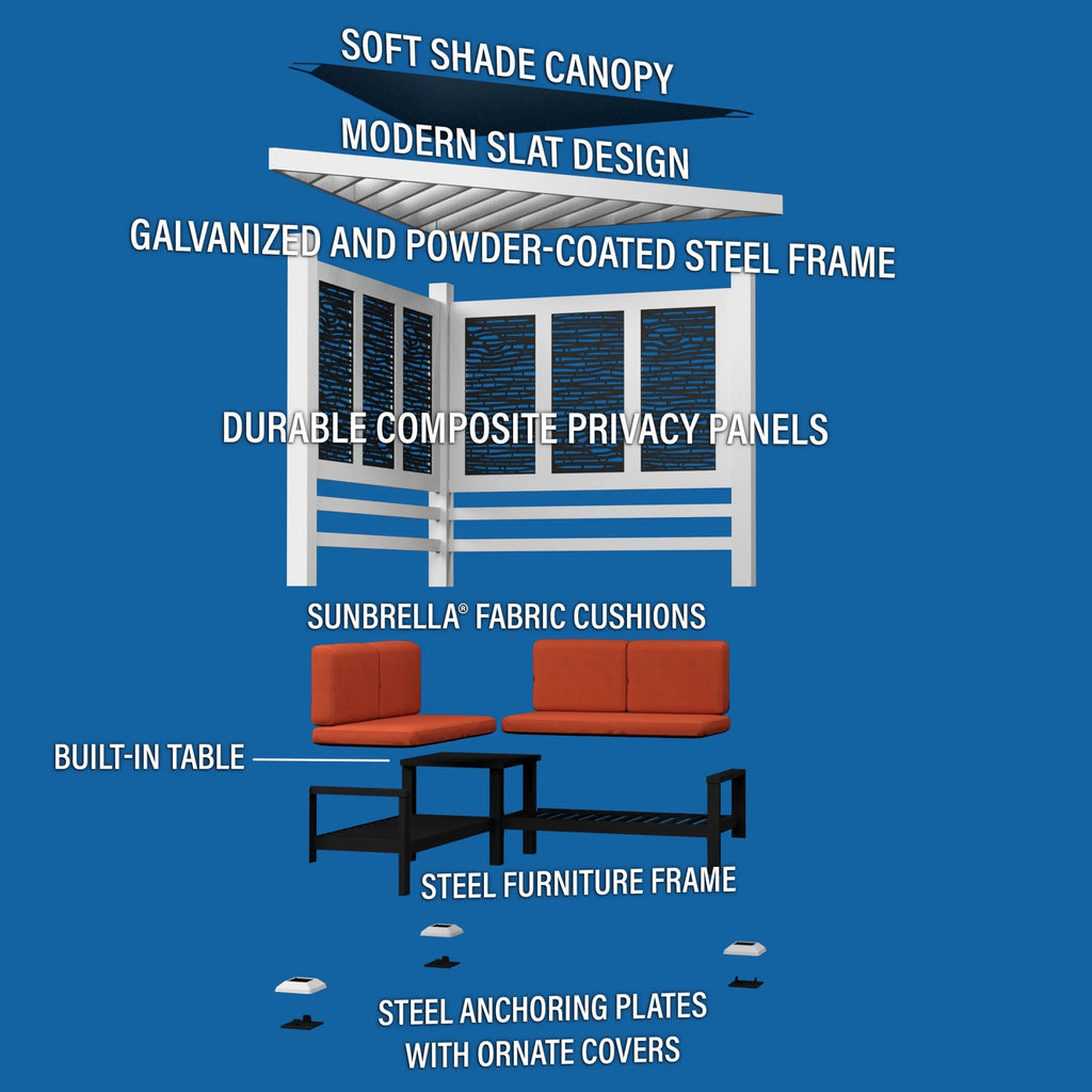 Backyard Discovery Galvanized Steel Corner Pergola With Seating, White, 12x8' - Ridgedale