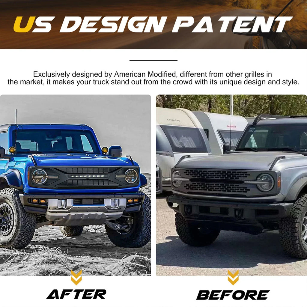 AMERICAN MODIFIED Tomahawk Grille With Lights for 2021-2024 Ford Bronco Without Front Camera - Matte Black