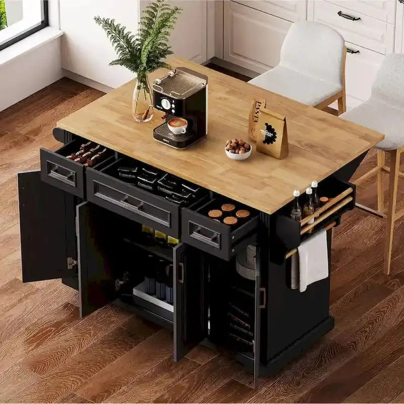 Rubberwood Kitchen Island Cart, 54-inch Drop-Leaf, 4 Doors, 3 Drawers - Embossed Finish