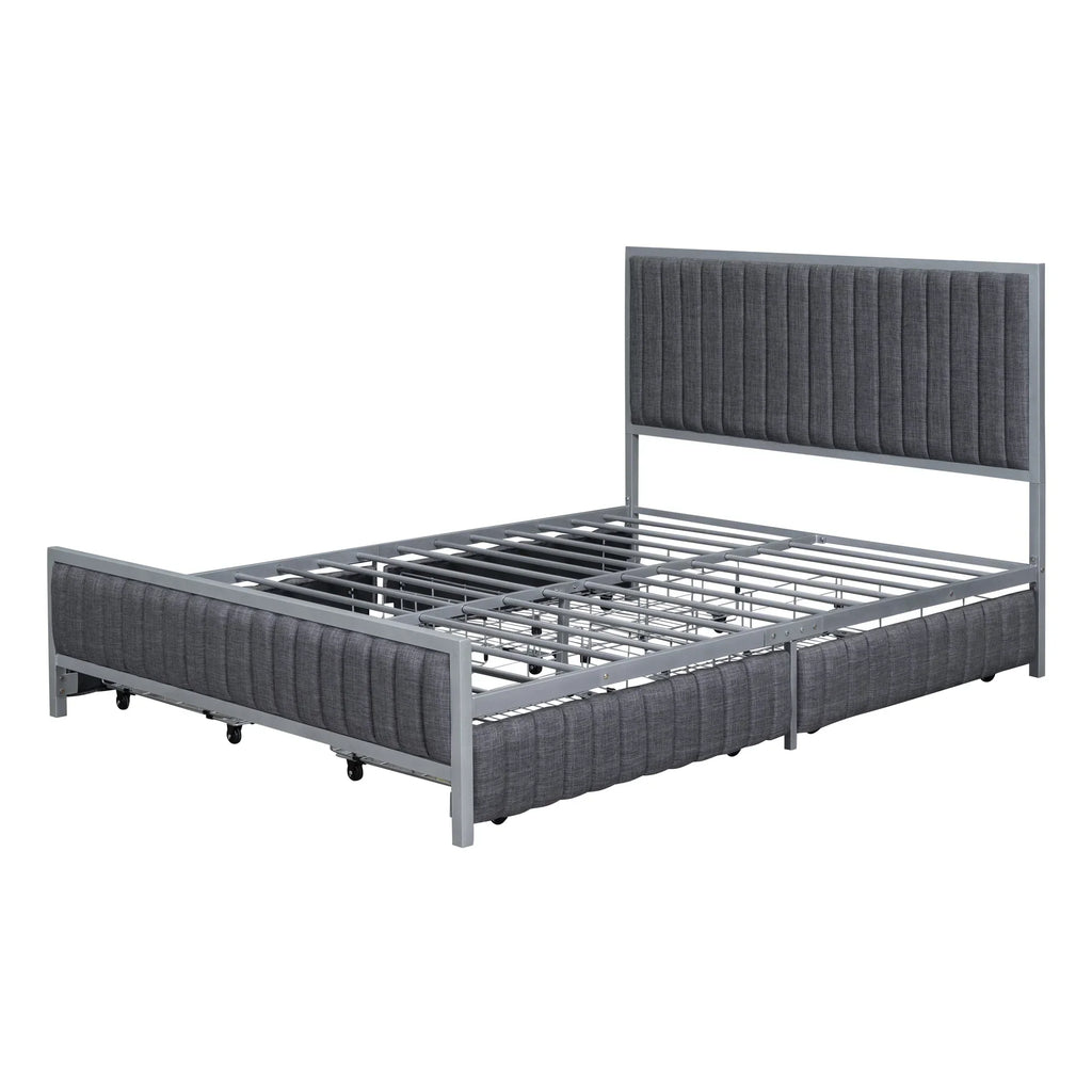 Roomfitters Full Size Upholstered Metal Platform Bed With 4 Drawers, Linen Fabric, Gray - 76.6in L x 55.7in W x 41.7in H