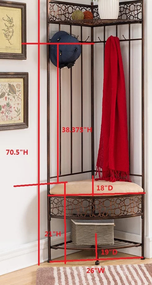 Crespin 6-Hook Corner Hall Tree With Bench And Shoe Storage, Brushed Copper Metal