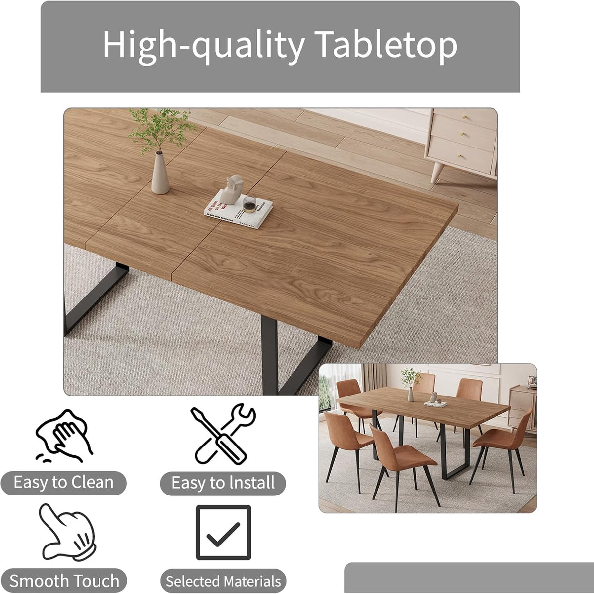 ZckyCine Expandable Walnut Dining Table With 6 Upholstered Chairs, 7-Piece Set - 67 inch