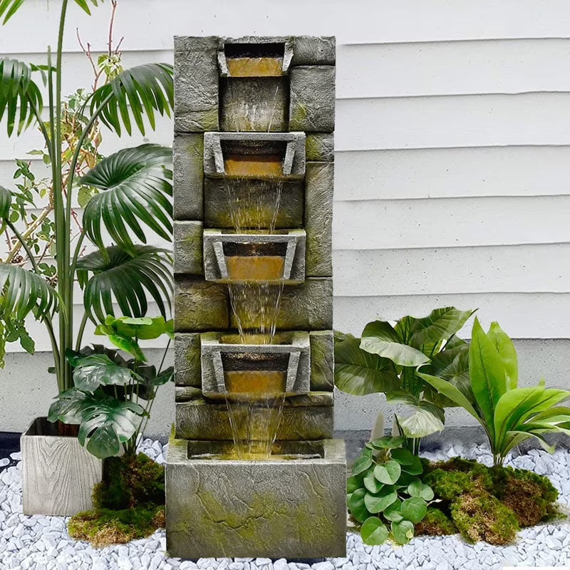 5-Tier Modern Cascading Indoor/Outdoor Fountain With LED Lights - Resin and Fiberglass
