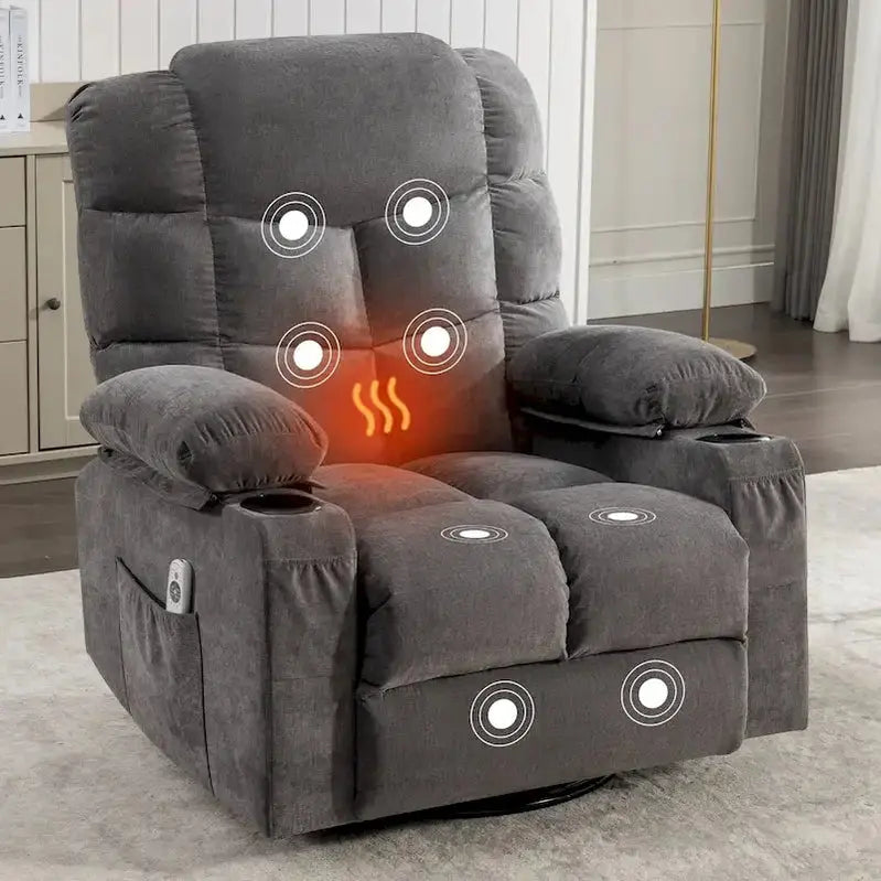 Oversized Massage Recliner Chair With Heat, 150 Degree Recline, 30 Degree Rocking, Dual USB Ports And 2 Cup Holders - Grey