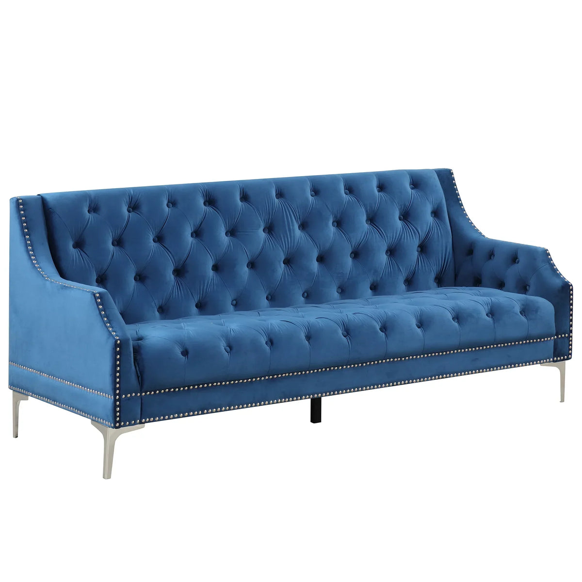 78 inch Dutch Plush Upholstered Chesterfield Sofa With Metal Legs, Button Tufted Back, Blue