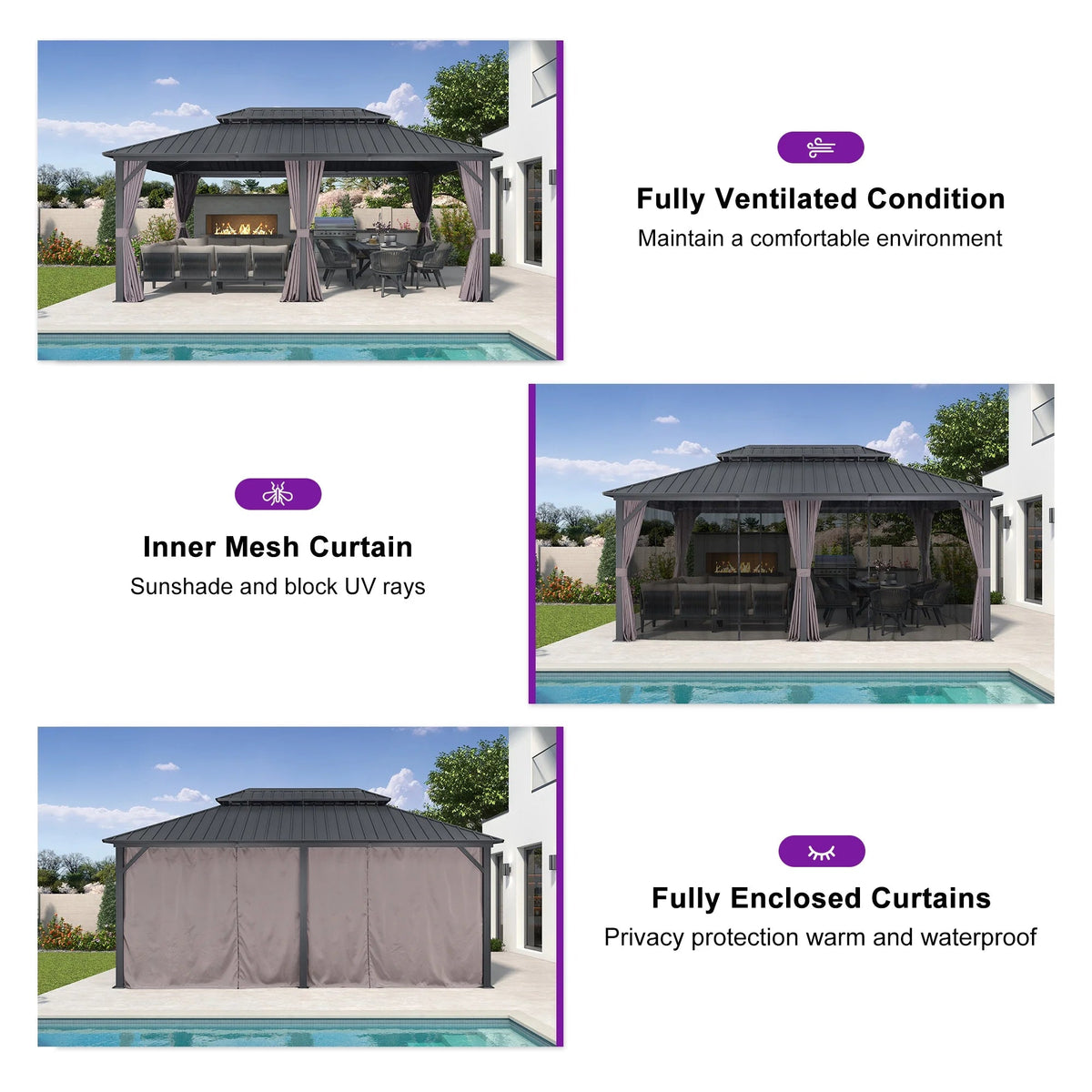 PURPLE LEAF Outdoor Hardtop Gazebo, 8' X 8', Galvanized Steel Double Roof, Aluminum Frame, Grey