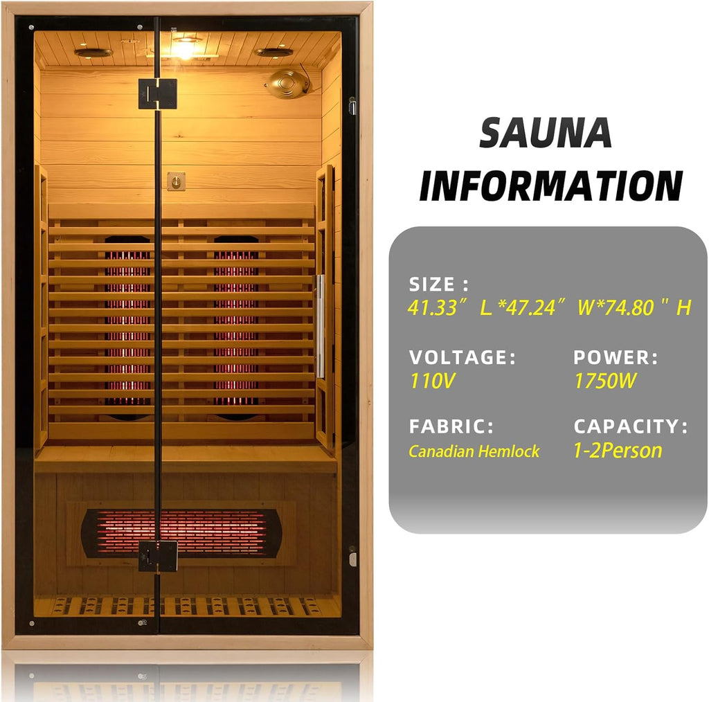 2-Person Red Light Far Infrared Indoor Sauna, 1750W/110V, Canadian Hemlock, 41.33in x 47.24in x 74.80in
