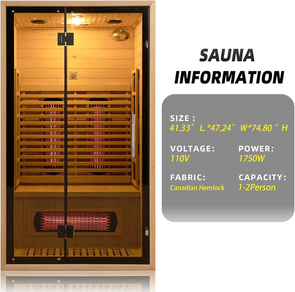 2-Person Red Light Far Infrared Indoor Sauna, 1750W/110V, Canadian Hemlock, 41.33in x 47.24in x 74.80in