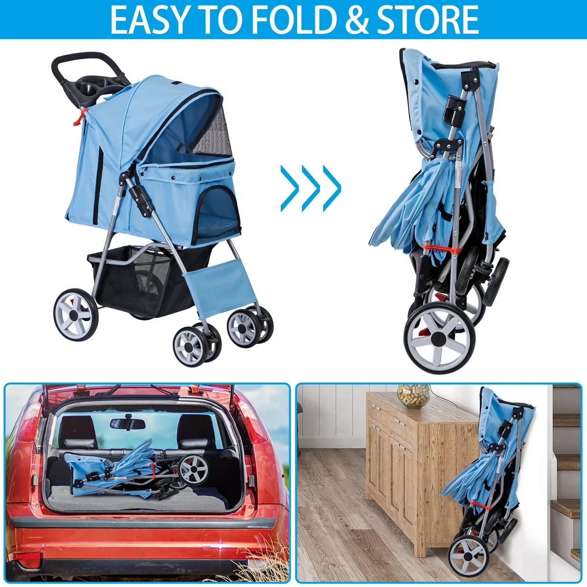 Foldable 4 Wheel Pet Stroller With Cup Holder