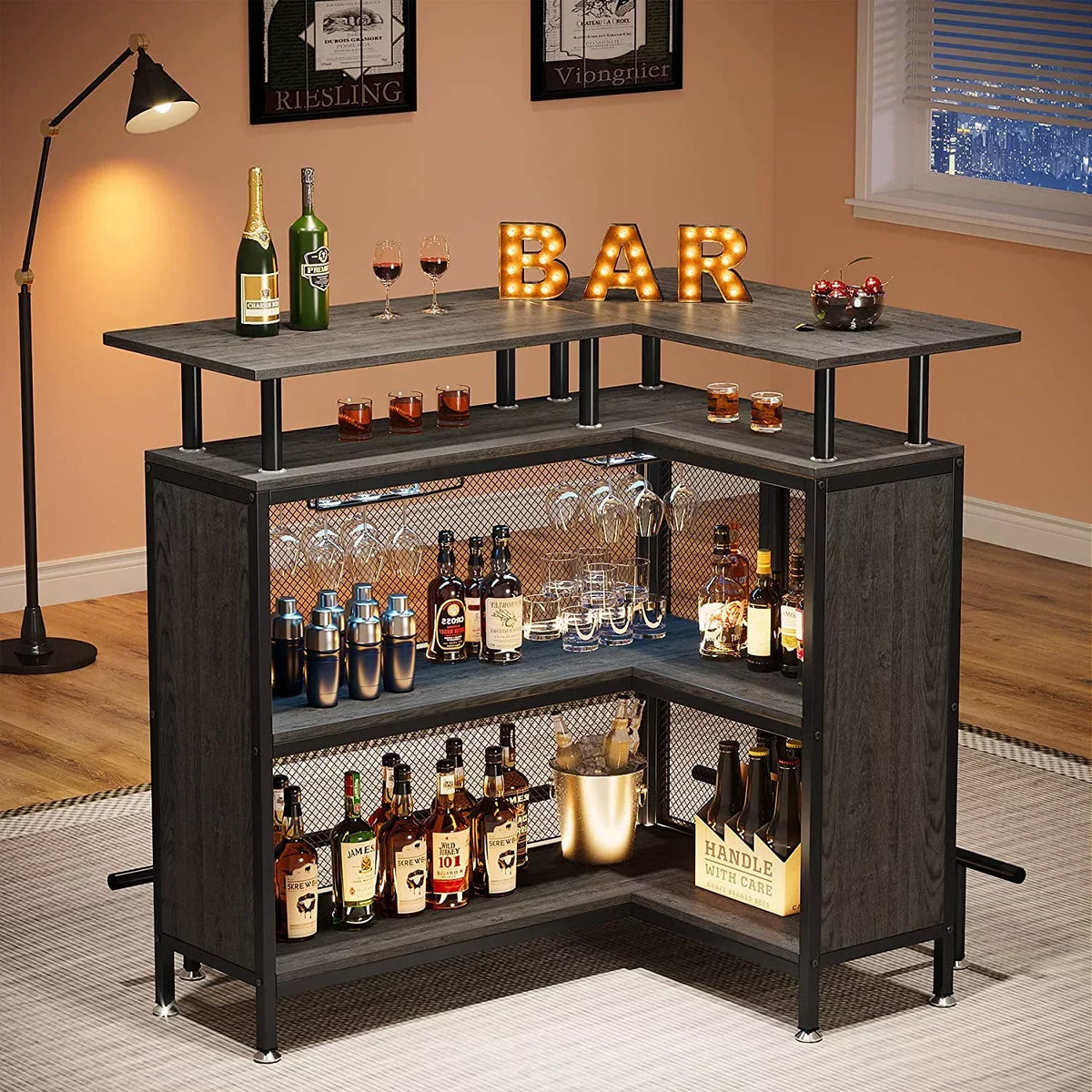 FJU L-Shaped Home Bar Unit With Stemware Racks, 2-Tier Shelves And Footrest - Gray