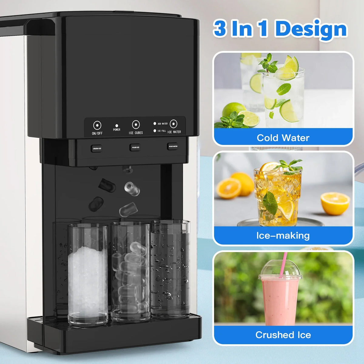 Advwin 3-in-1 Countertop Ice Maker With Cold Water Dispenser And Ice Crusher, 6L, 20kg/24hr