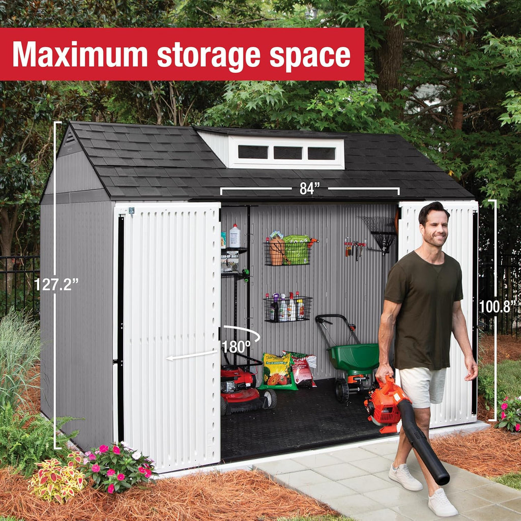 Rubbermaid Resin Outdoor Storage Shed With Floor, 7 x 7 Ft, Gray