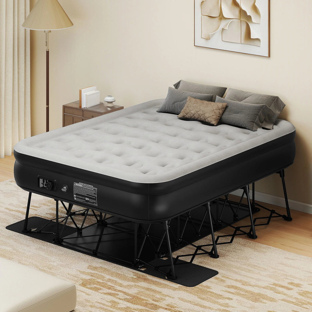 Dextrus Inflatable Queen Air Mattress With Built-In Pump, Steel Frame, Velvet Surface, Khaki