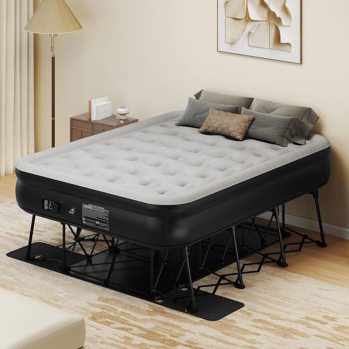 Dextrus Inflatable Queen Air Mattress With Built-In Pump, Steel Frame, Velvet Surface, Khaki