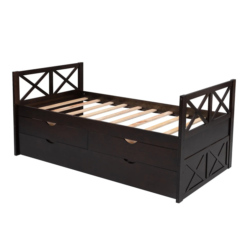 Captain Wood Twin Bed With Trundle And 3 Drawers, Brown, 78.9 in L x 42.7 in W x 36.2 in H