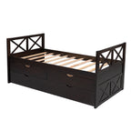 Captain Wood Twin Bed With Trundle And 3 Drawers, Brown, 78.9 in L x 42.7 in W x 36.2 in H