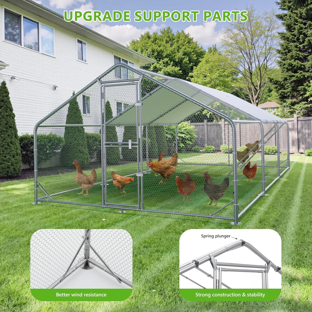 Metal Chicken Run With Feeding Door, Anti-UV Cover And Perch - 6-5x10-ft, 13x10-ft, 20x10-ft Or 26x10-ft