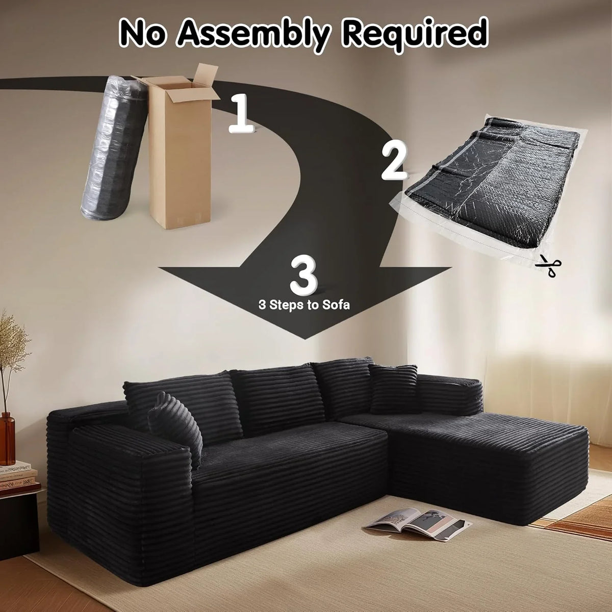ovios 104in L-Shape Sectional Sofa With Chaise, Grey Plush Corduroy Fabric
