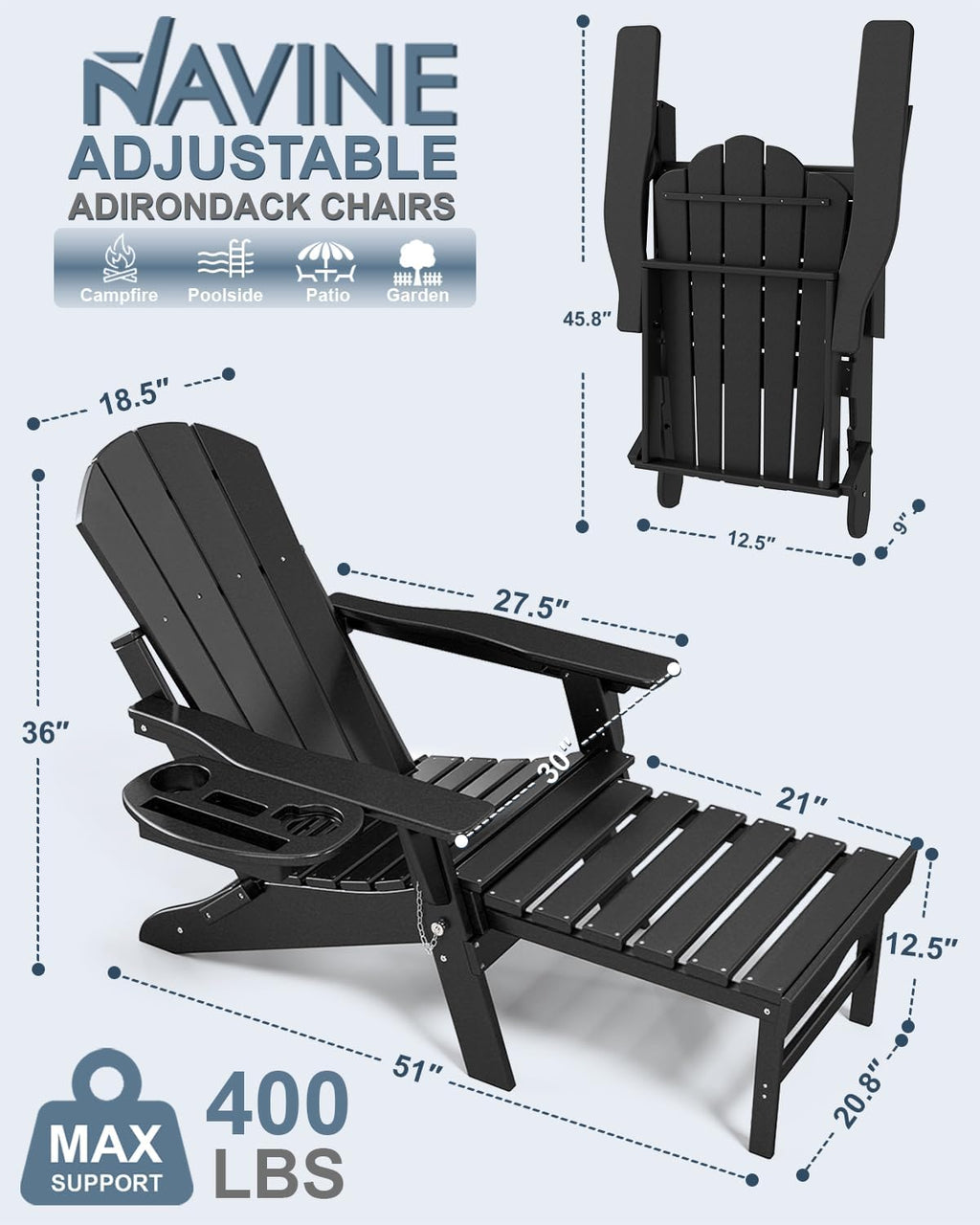 NAVINE Adjustable Folding Adirondack Chair Set Of 2 With Retractable Ottoman, Cup Holder And HDPE