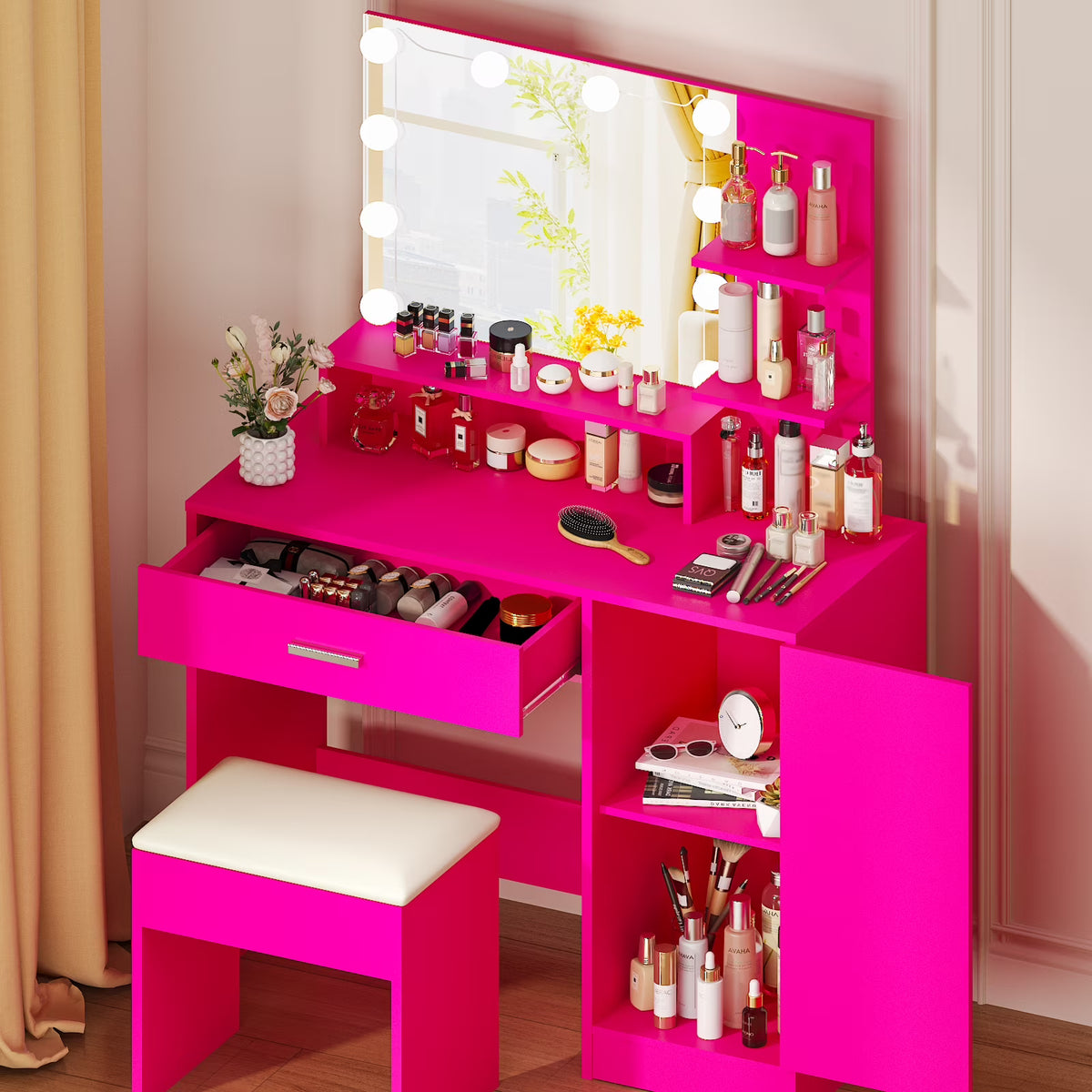 Ktaxon Vanity Makeup Table With Stool, 3-Color Lighted Mirror, 3 Shelves, Drawers, White - 35.43 x 15.55 x 29.53-53.27 in