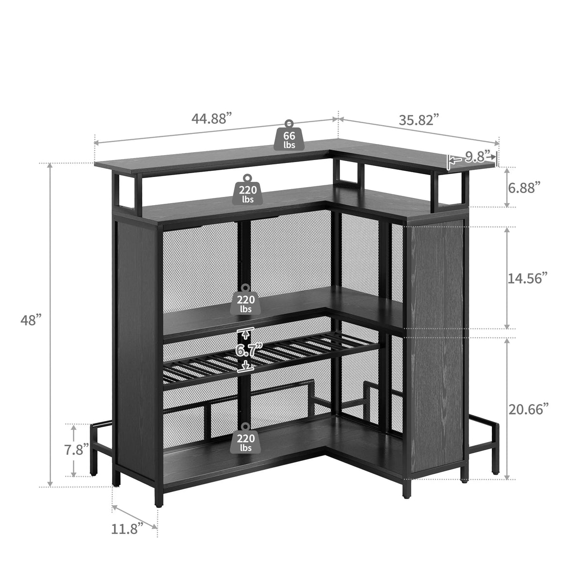 Dextrus 5 Tier Home Bar Unit With 43in Wine Cabinet, LED Lights, Wine Rack And Footrest - Black