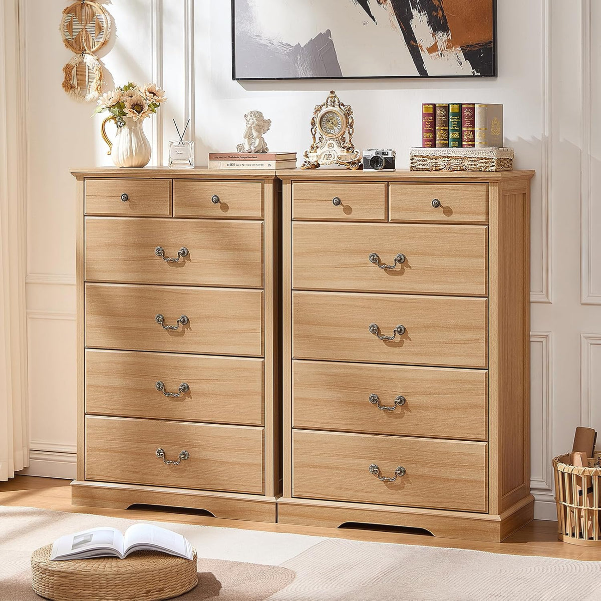 Farmhouse 6-Drawer Wood Dresser, Natural, 31.5 x 15.5 x 47 Inch