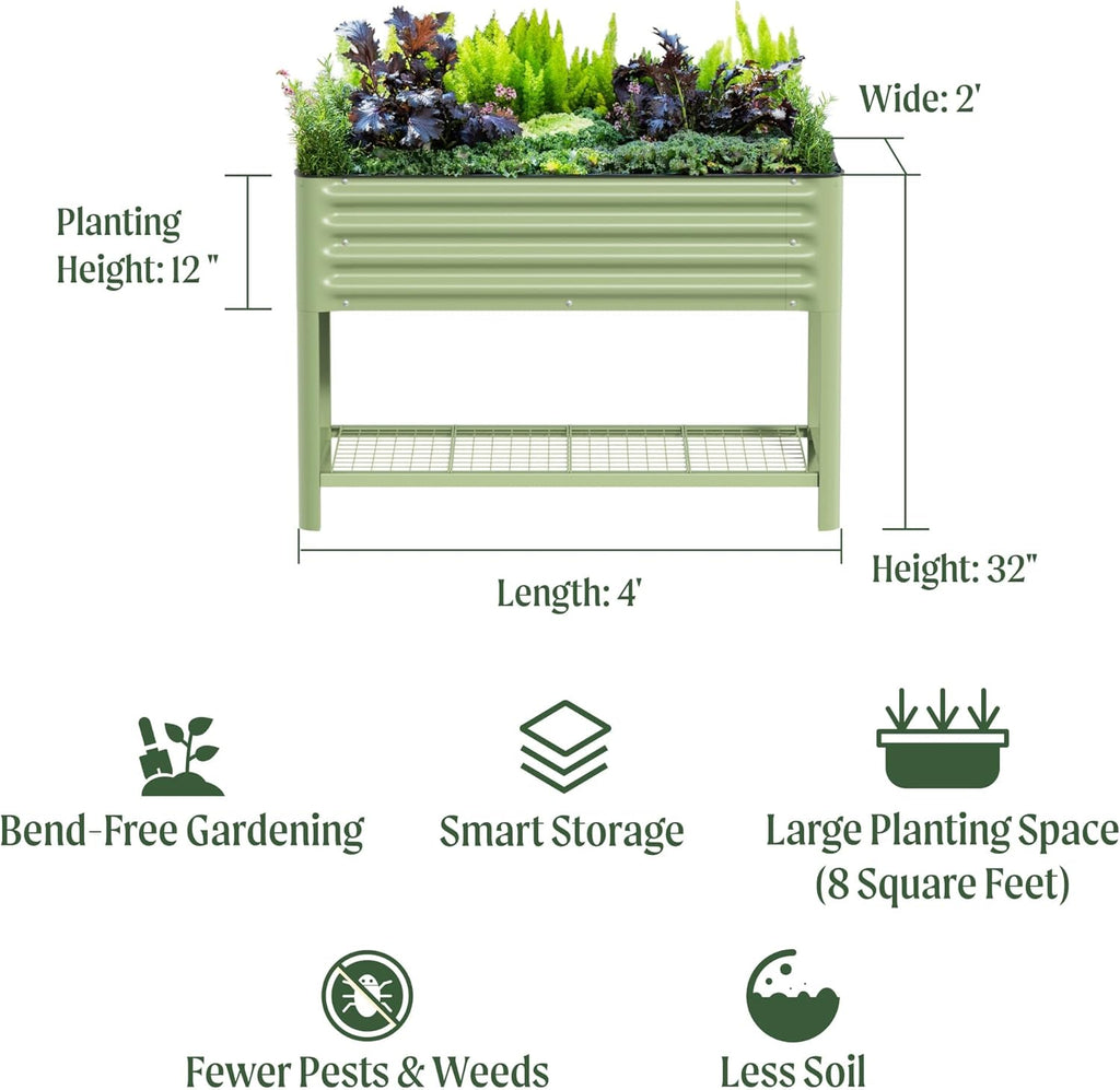 Vego Garden Elevated Raised Garden Bed With Legs And Storage Rack, 2' x 4', Olive Green - V Series