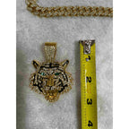 Tiger Head Pendant Necklace With Green Eyes, 13mm Cuban Link Chain, 20in - Gold Or Silvery
