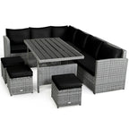7-Piece Rattan Patio Dining Set With 3 Corner Chairs, 3 Ottomans And Table