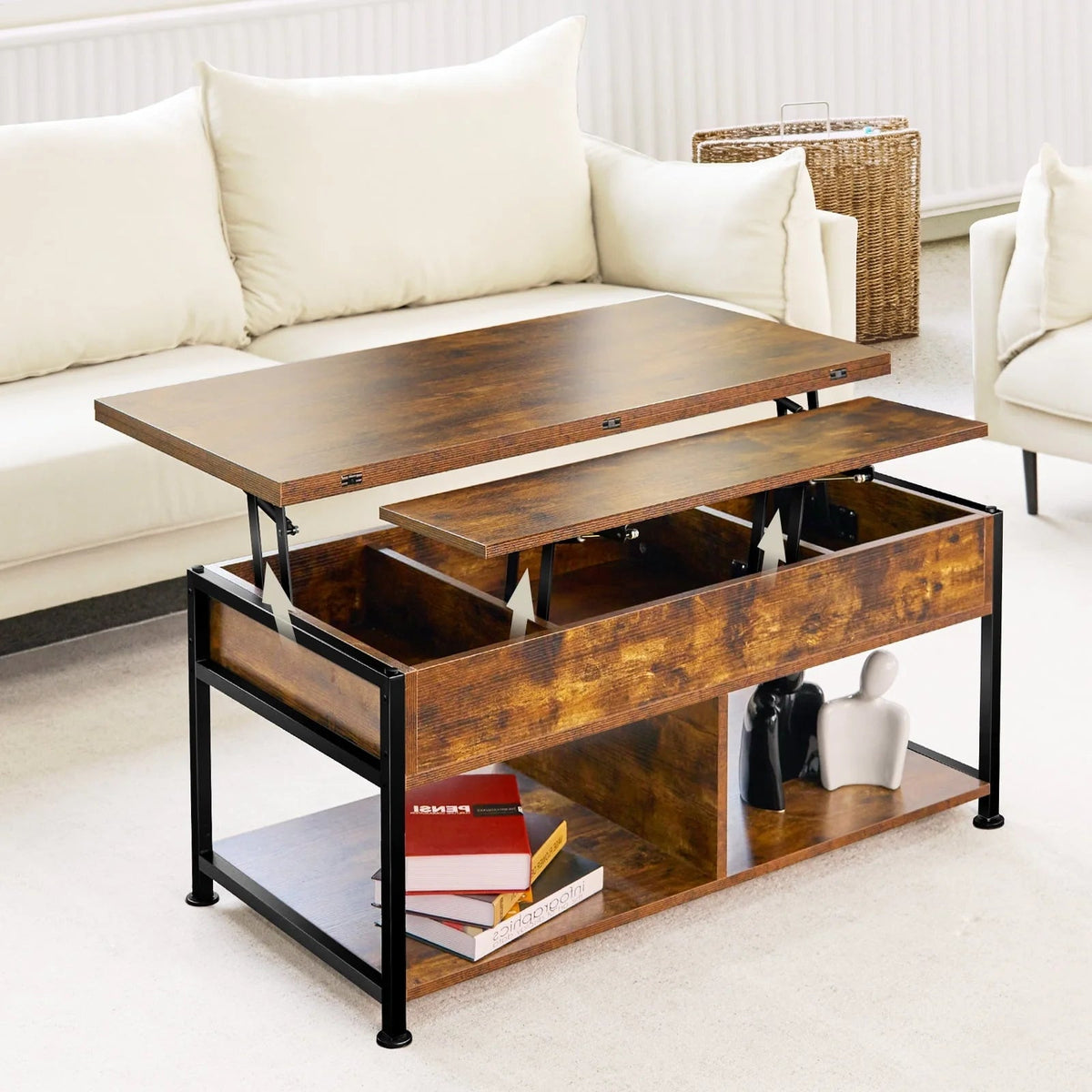 MONVANE Lift Top Coffee Table With Storage, 40 in, Rustic Brown