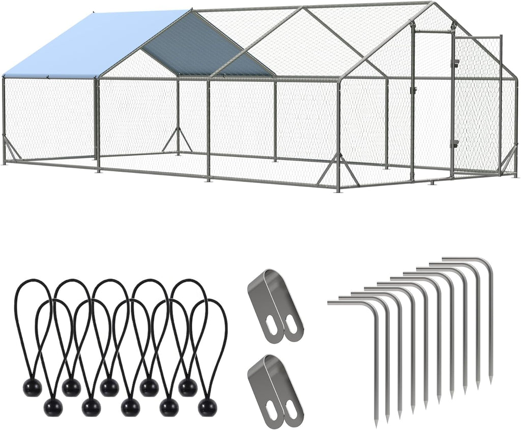 Metal Walk-In Chicken Run Cage With Waterproof Anti-Ultraviolet Cover, 19.6' L x 9.8' W x 6.4' H