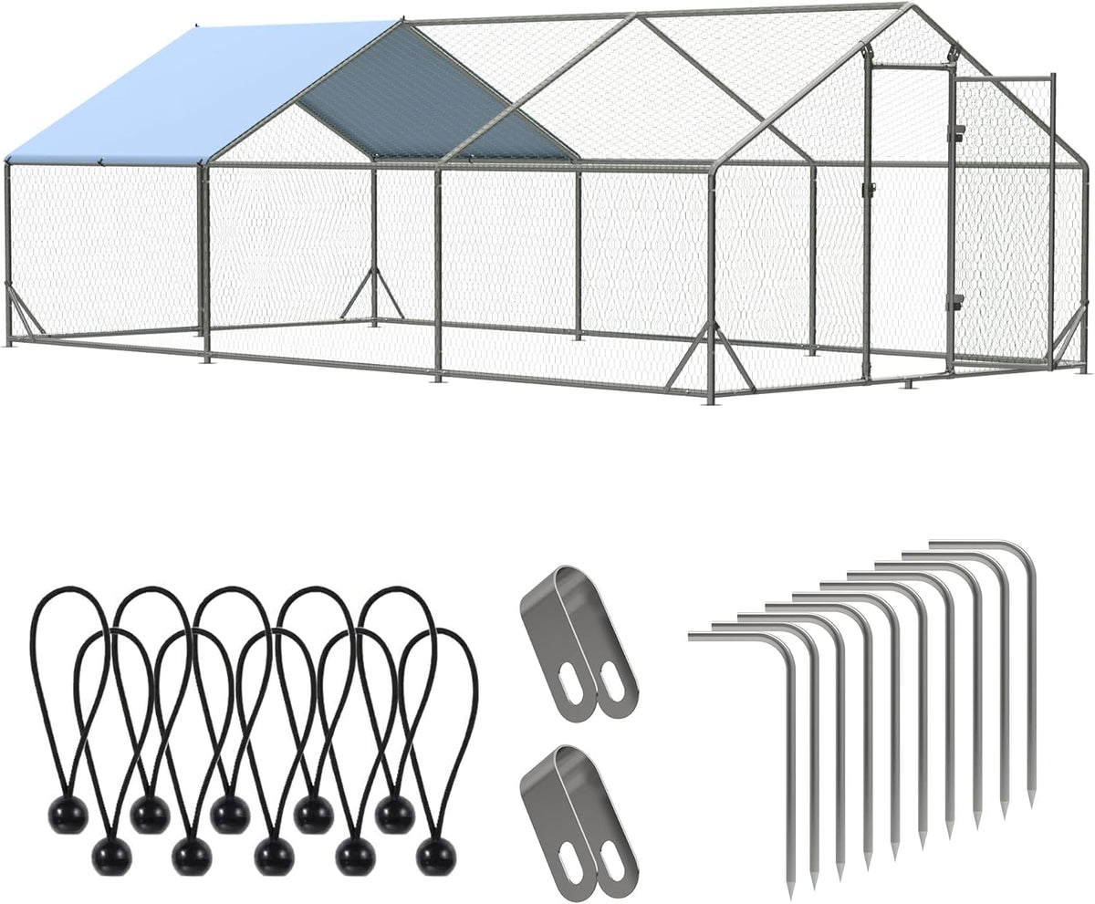 Metal Walk-In Chicken Run Cage With Waterproof Anti-Ultraviolet Cover, 19.6' L x 9.8' W x 6.4' H